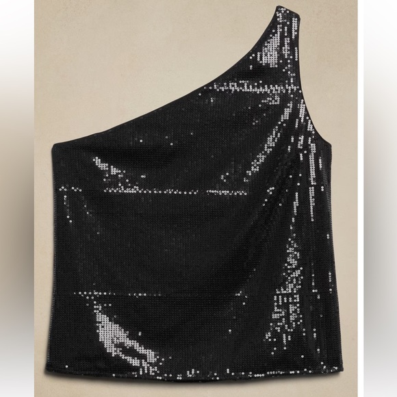 BR Sequin Top Black One Shoulder Banana Republic Stretch Side Zip NWT - Picture 1 of 9